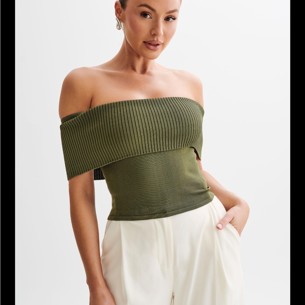 Meshki Olive Off-Shoulder Ribbed Crop Top